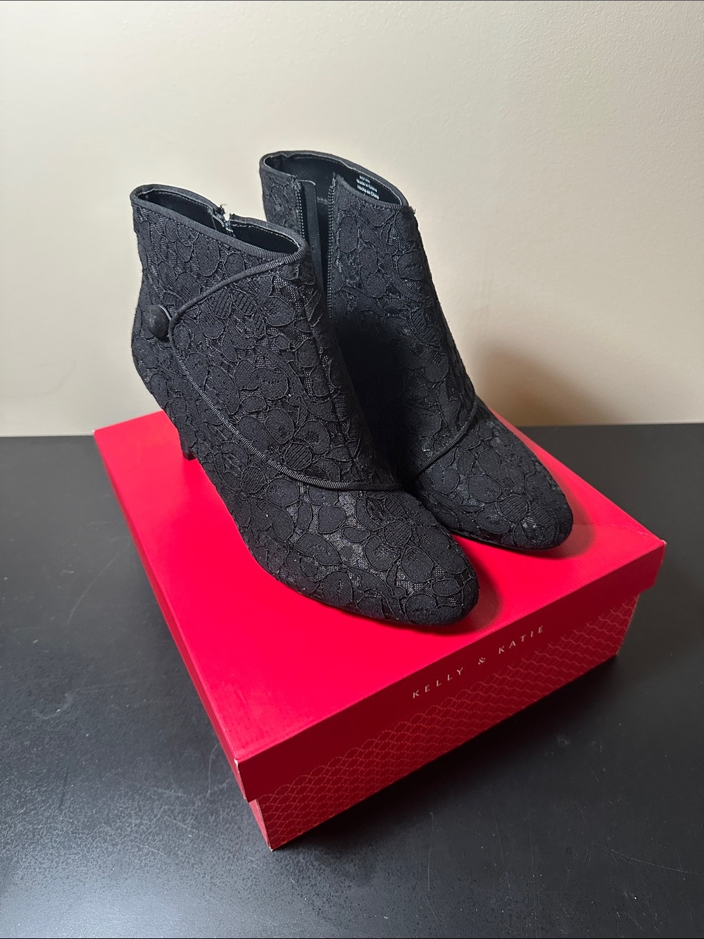Kelly & Katie Black Lace Pointed Ankle Booties with Side Zip